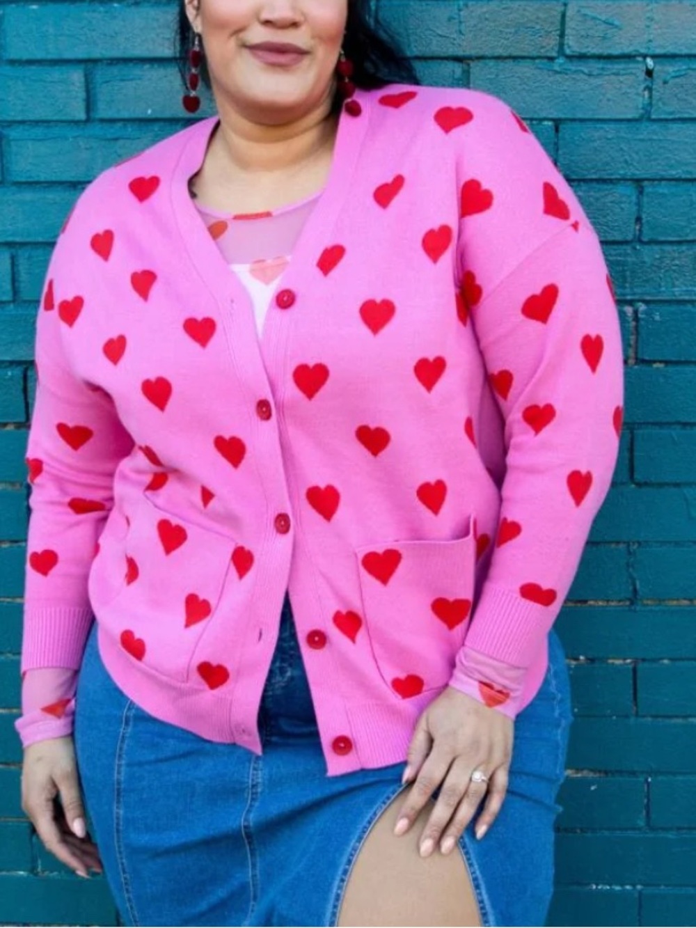 Women’s Pink Heart Pattern Button-Front Cardigan